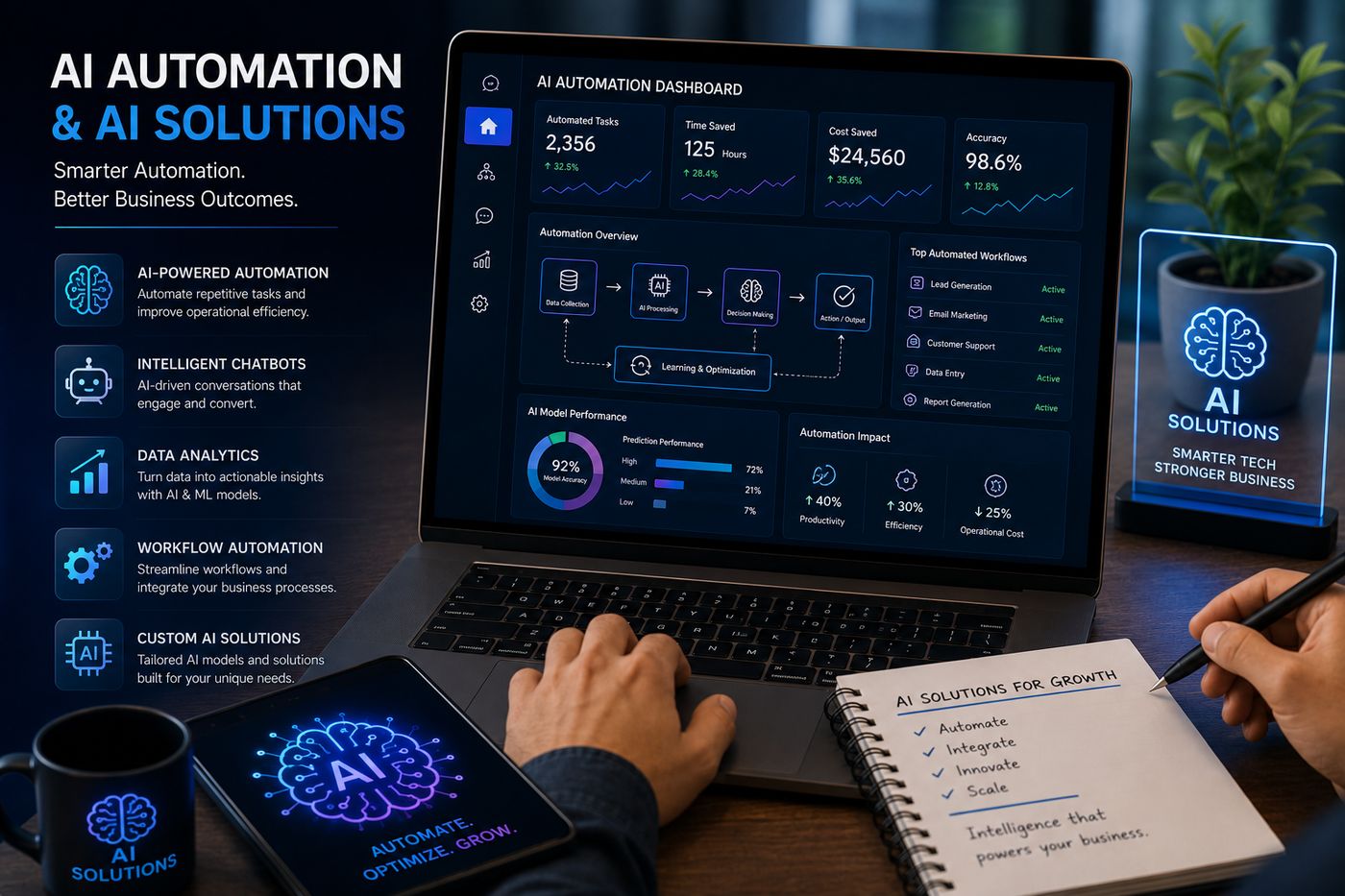 AI automation dashboard showing automated tasks, workflows and AI model performance