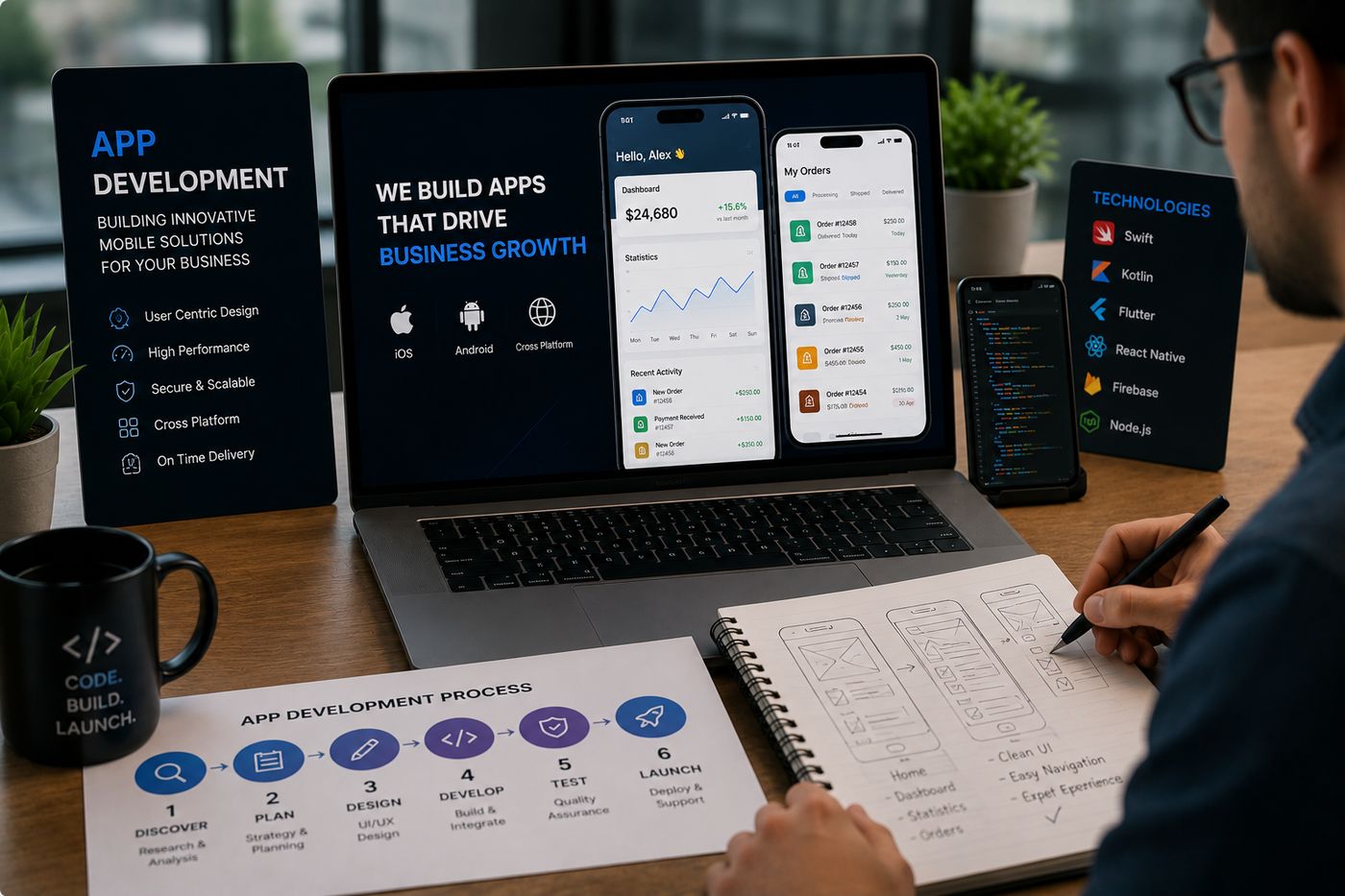 Mobile app screens and development process for a business app