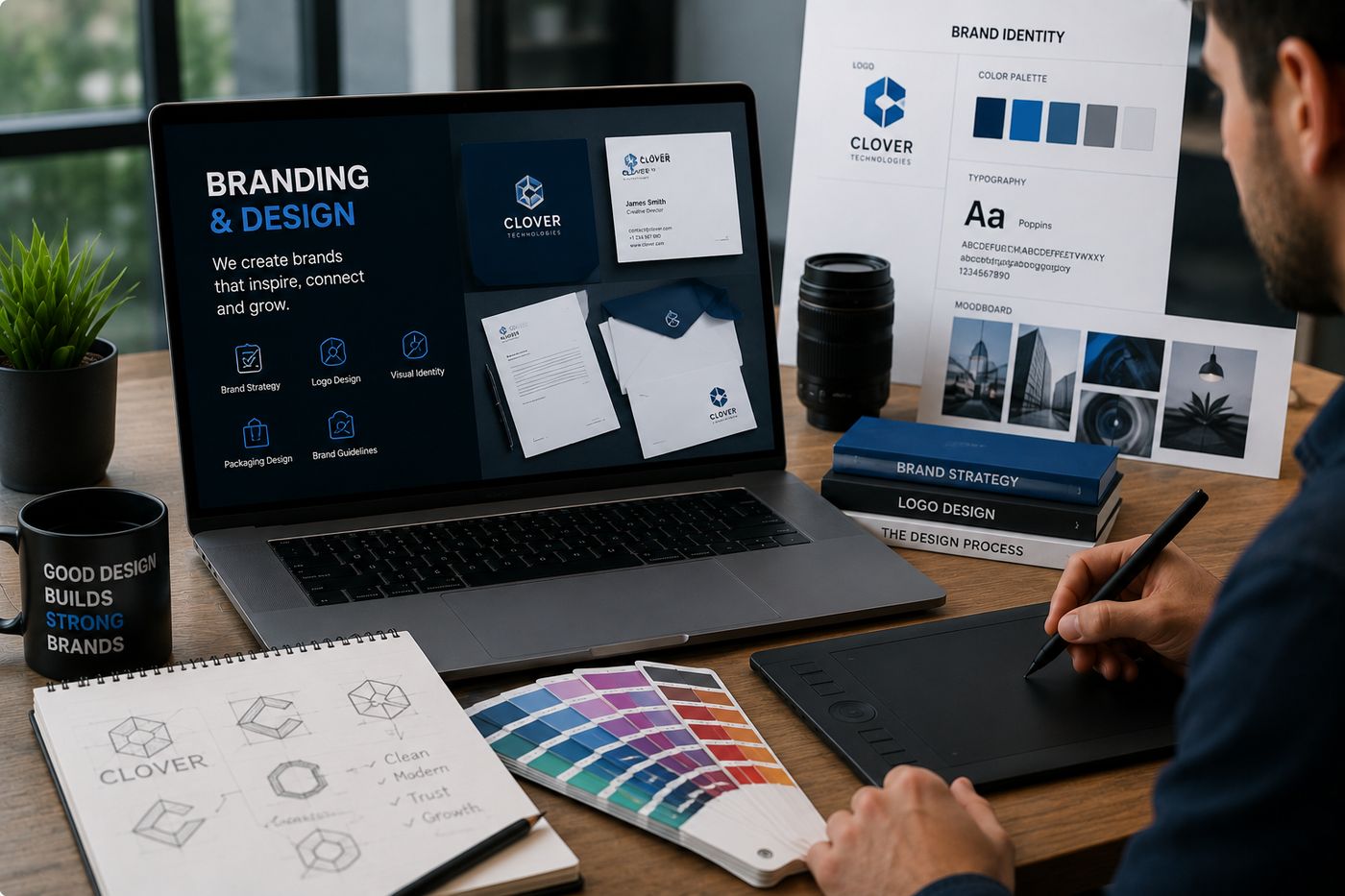 Brand identity board with logo, color palette, typography and brand guidelines