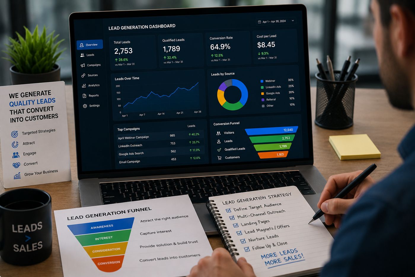 Lead generation dashboard showing leads, conversion funnel and campaign performance