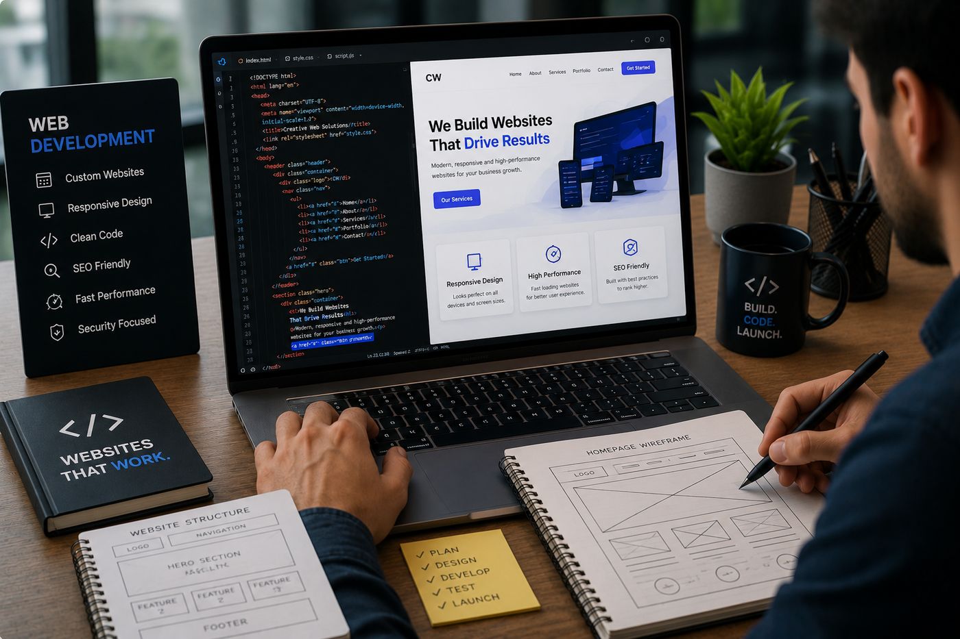 Code editor and live preview of a website being built